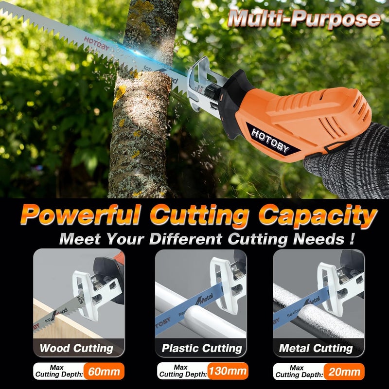 hotoby Reciprocating Saw, Cordless, Electric Reciprocating Saw with 2 Batteries, Includeds 8 Blades Kit, Tool-free Blade Change, Variable Speed, Multi-Purpose, For DIY Wood Metal PVC Cutting (Orange) - Image 3